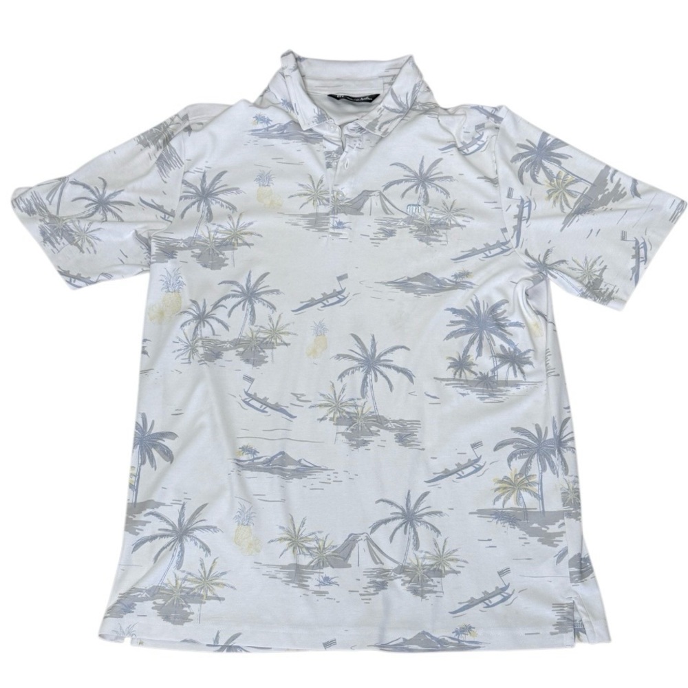 Travis Mathew Men's‎ Polo Shirt XL Pineapple Gray/Blue Tropical Island Print